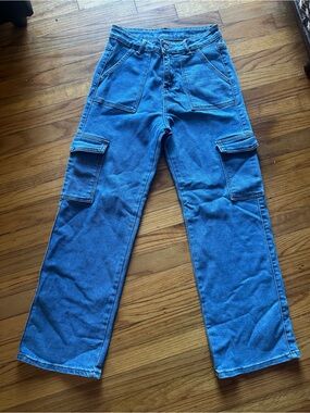 Surprise Blue Denim Cargo Jeans High Rise Flap Pockets Women’s Size 29